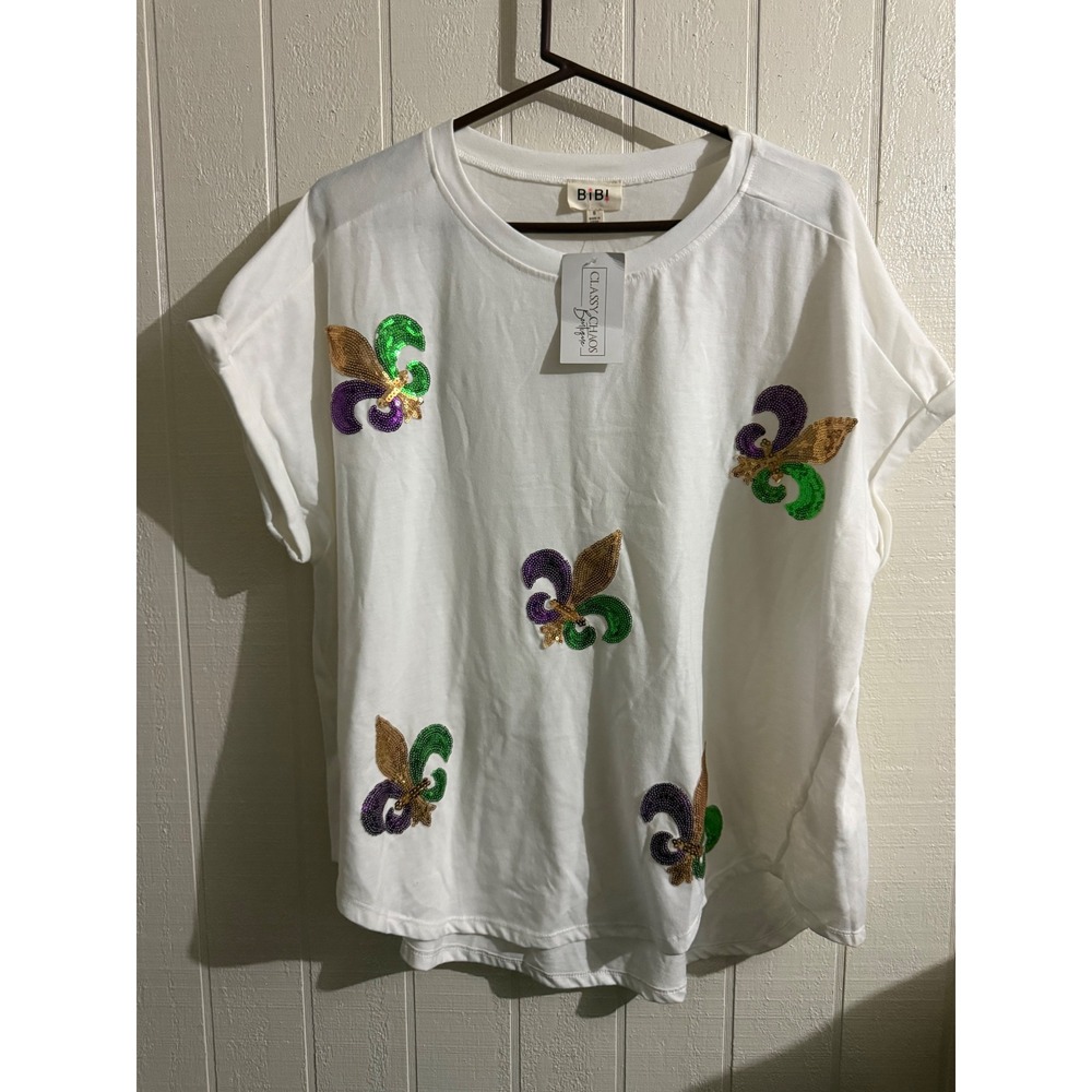 Bibi Fleur de Lis Sequin Patches Mardi Gras Top Off White Small NWT
